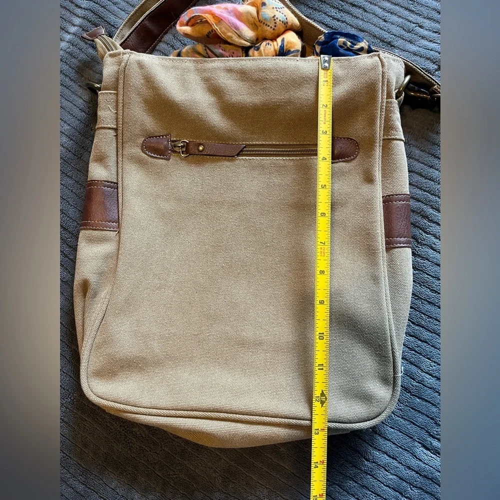 Canvas Hobo Crossbody Bag with Leather Accents - Beige